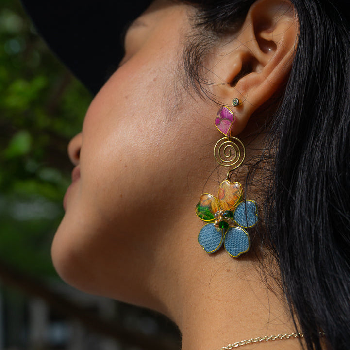 Denim Flower Stud Spiral Dangles