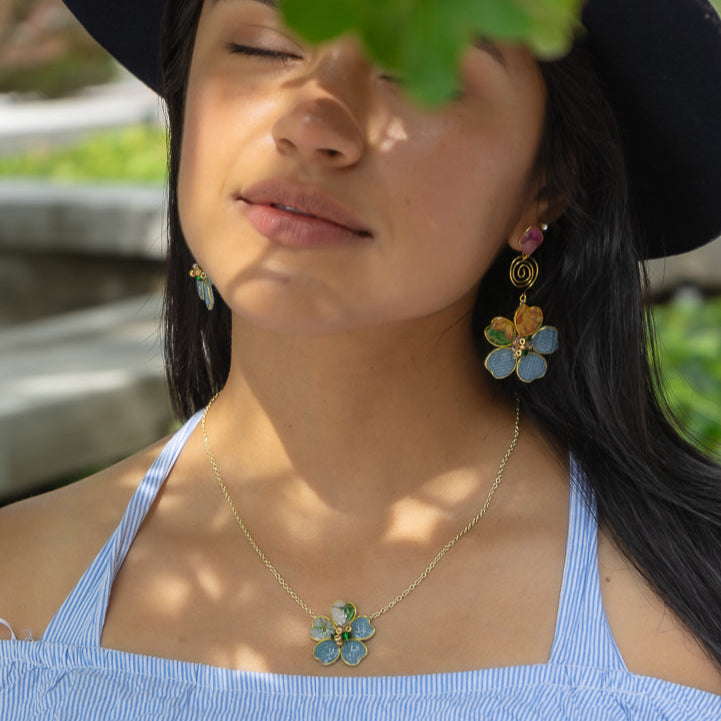 Denim Flower Stud Spiral Dangles