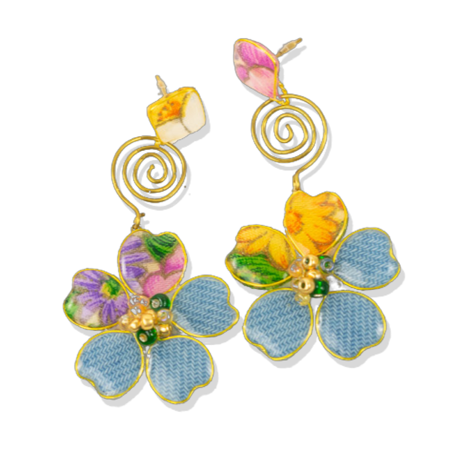 Denim Flower Stud Spiral Dangles