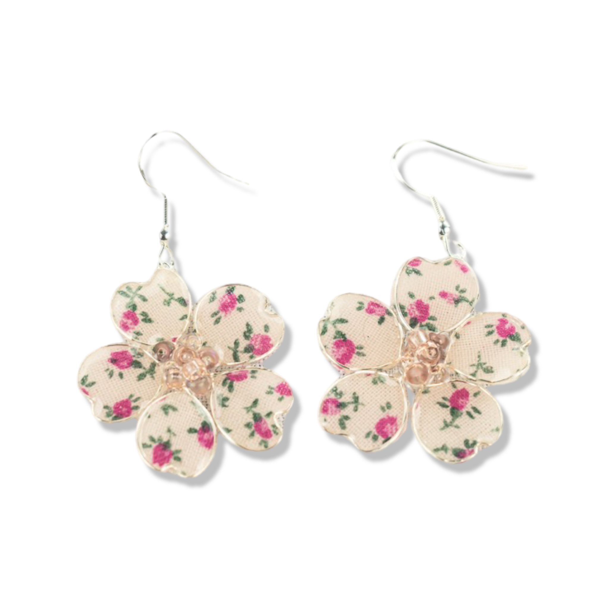 Pink Flower Power Textile Fish Hook Earrings