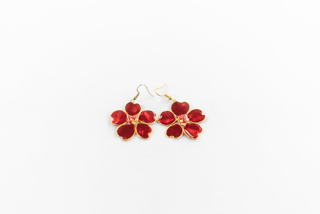 Red Metallic Textile Fish Hook Earrings