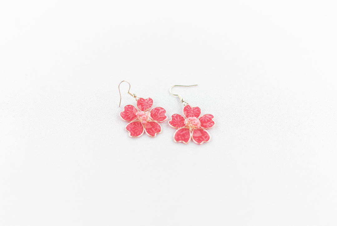 Pink Floral Textile Fish Hook Earrings