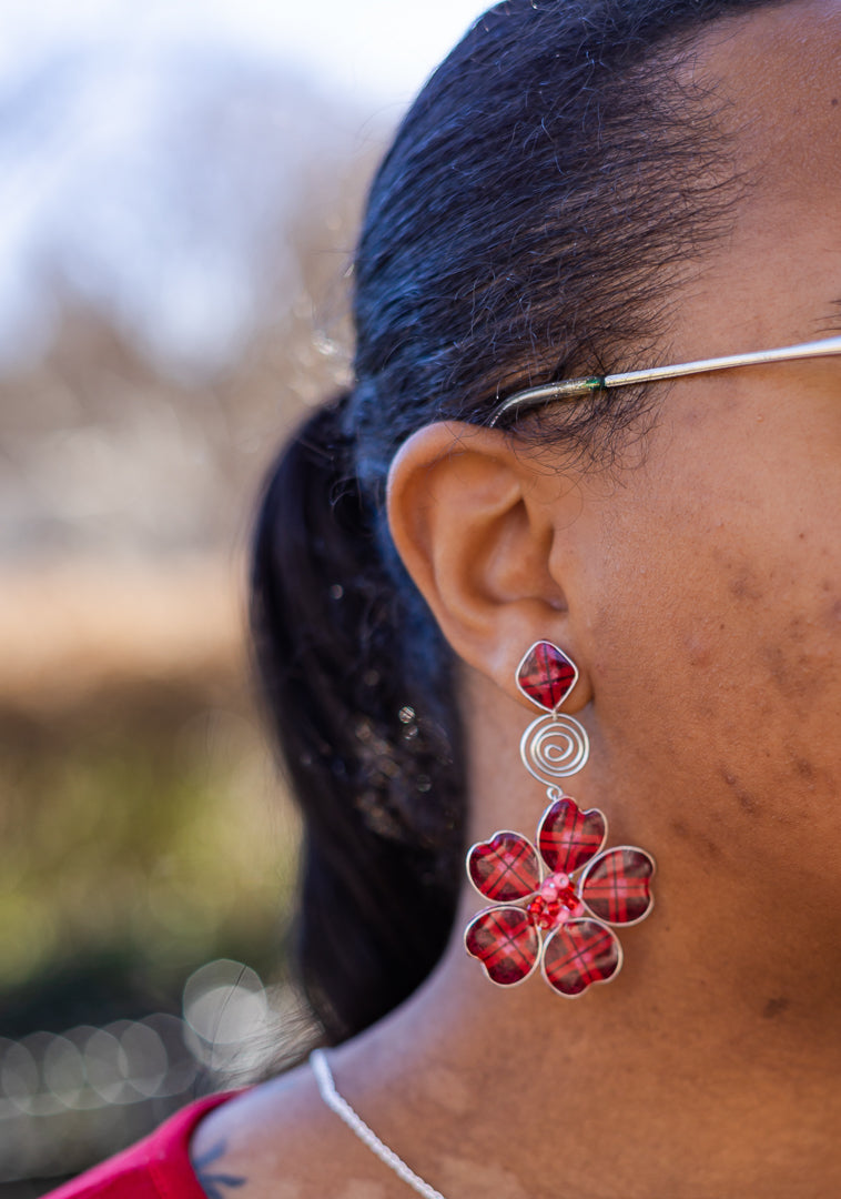 Red Plaid w/ Pink Stud Spiral Dangles