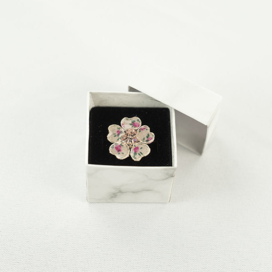 Pink Flower Power Textile Adjustable Ring