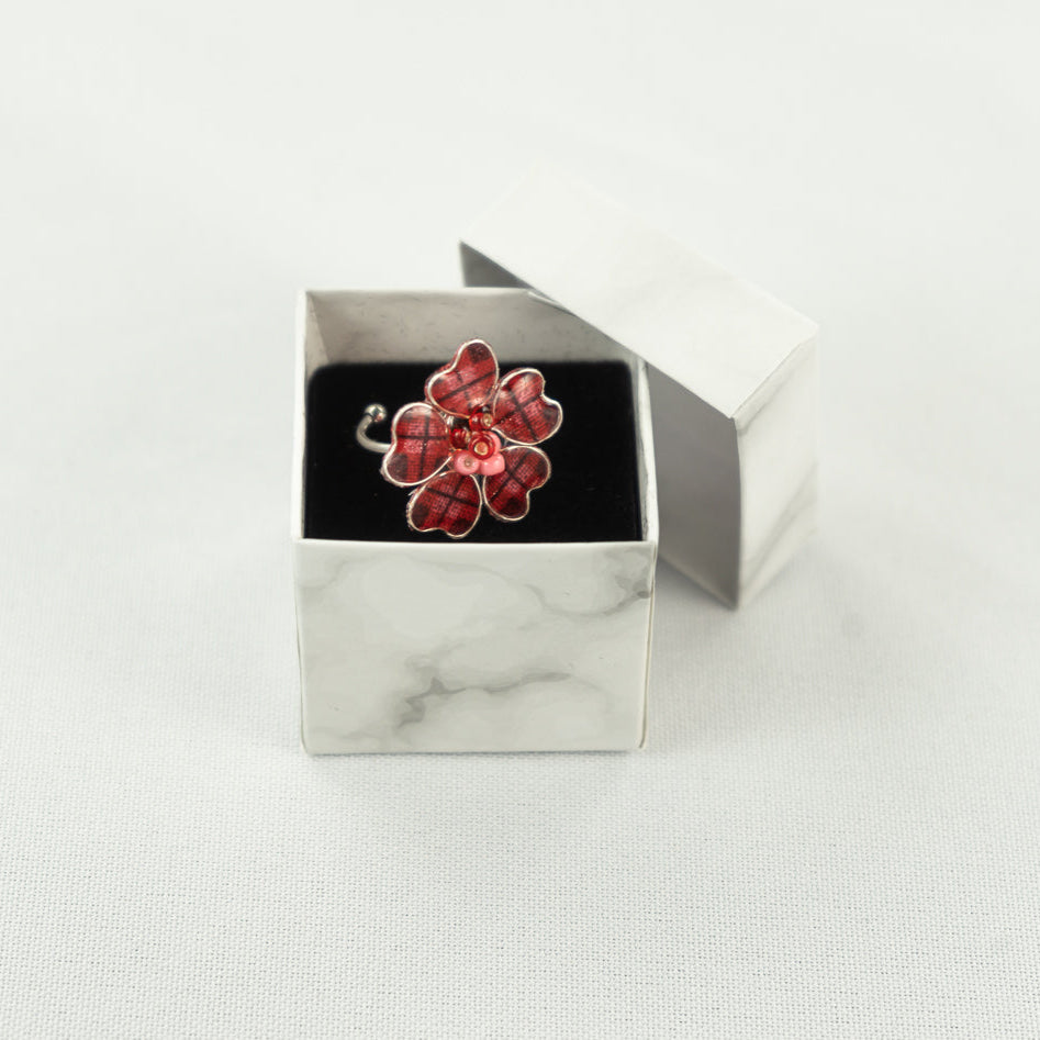 Red Plaid & Pink Textile Adjustable Ring