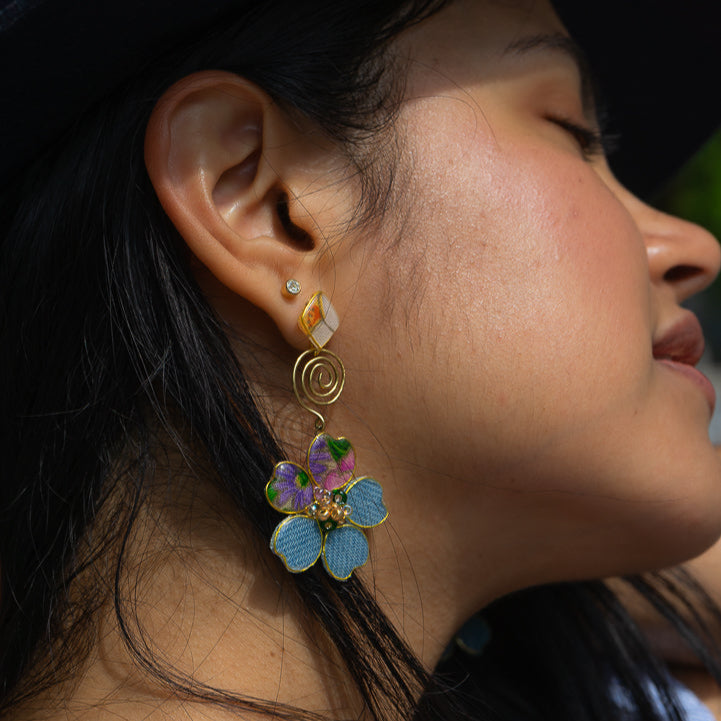 Denim Flower Stud Spiral Dangles