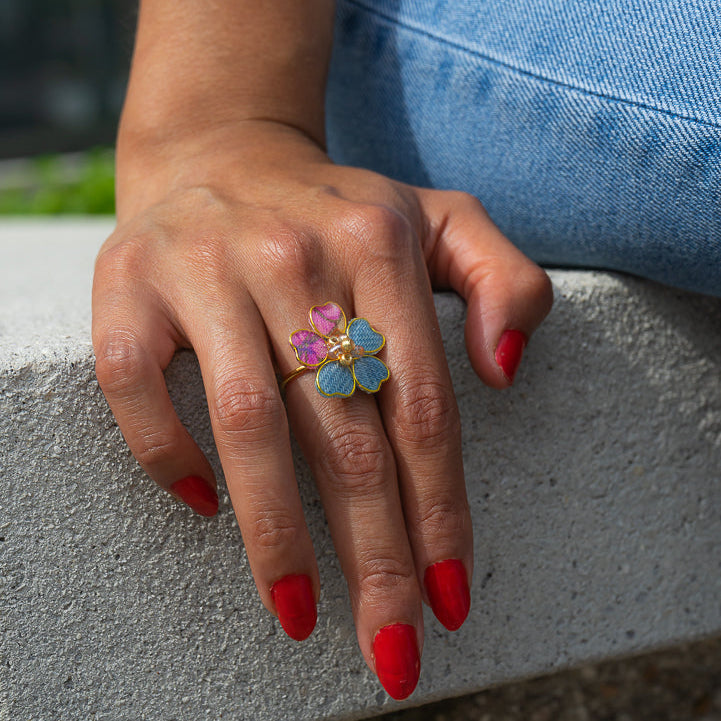 Denim Flower Textile Adjustable Ring