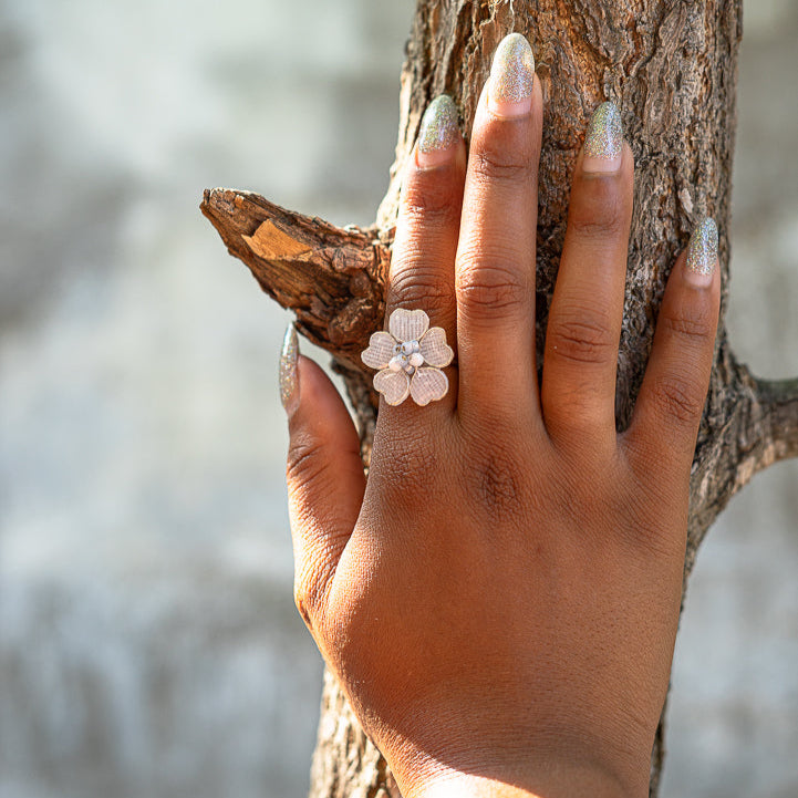 White Linen Textile Adjustable Ring
