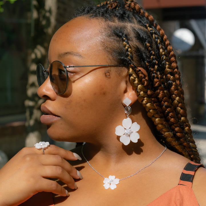 White Linen Stud Spiral Dangles