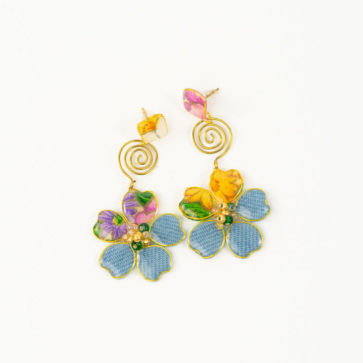 Denim Flower Stud Spiral Dangles