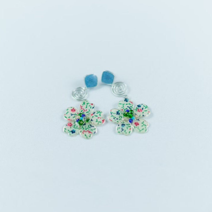 Denim/Floral Stud Spiral Dangles