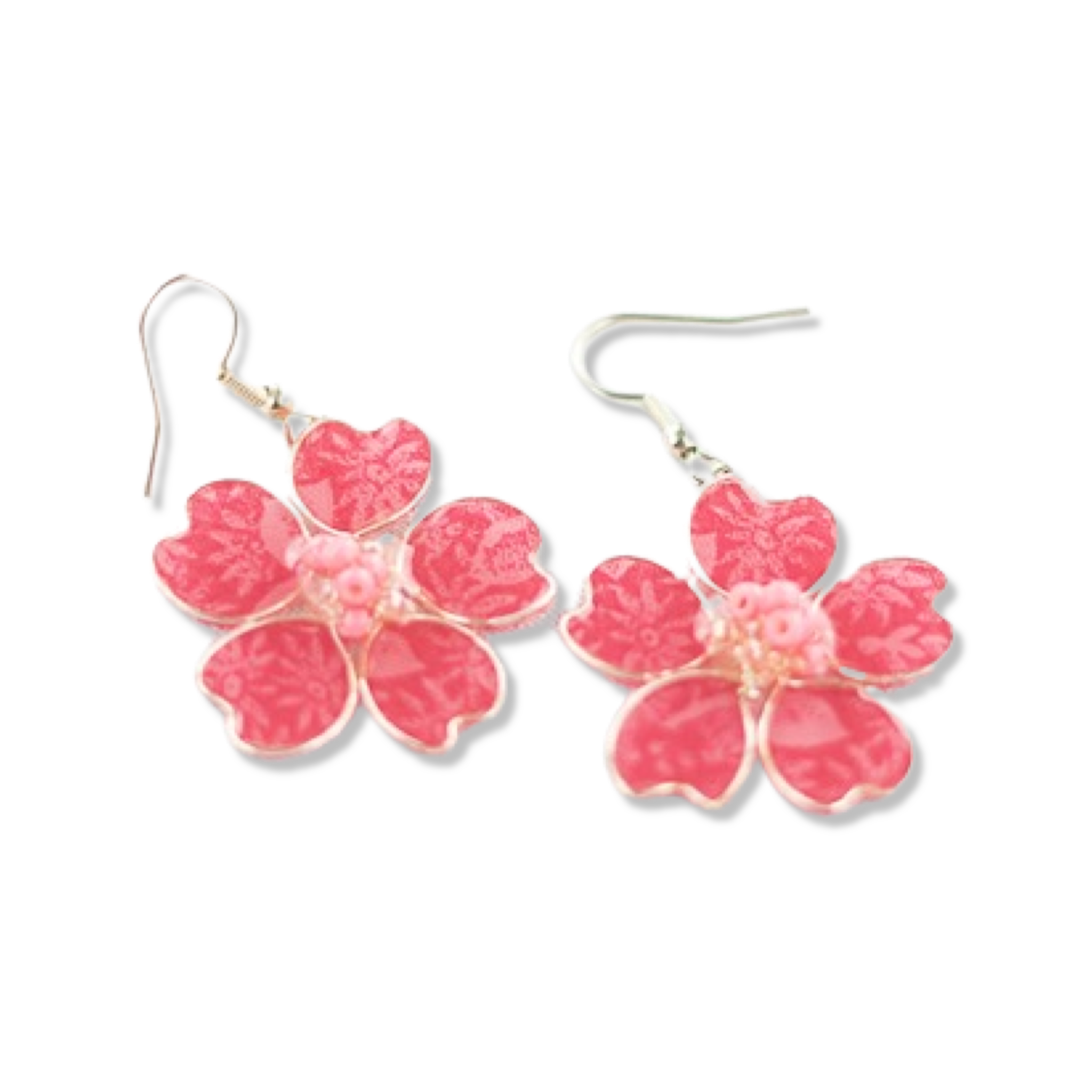 Pink Floral Textile Fish Hook Earrings