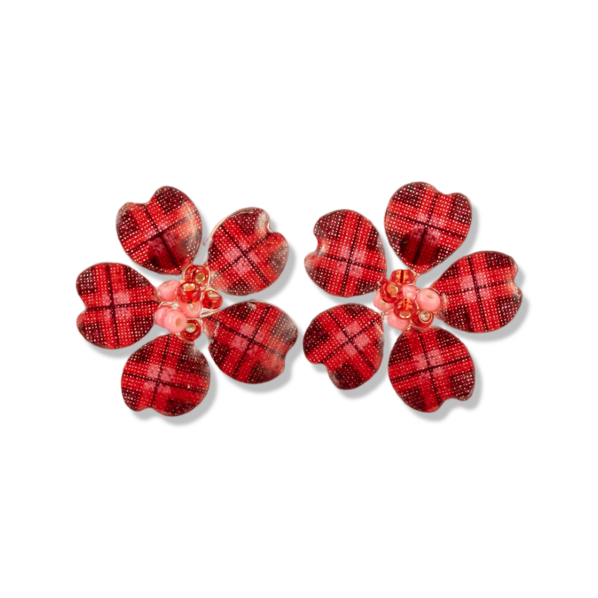 Red Plaid w/ Pink Textile Stud Earrings
