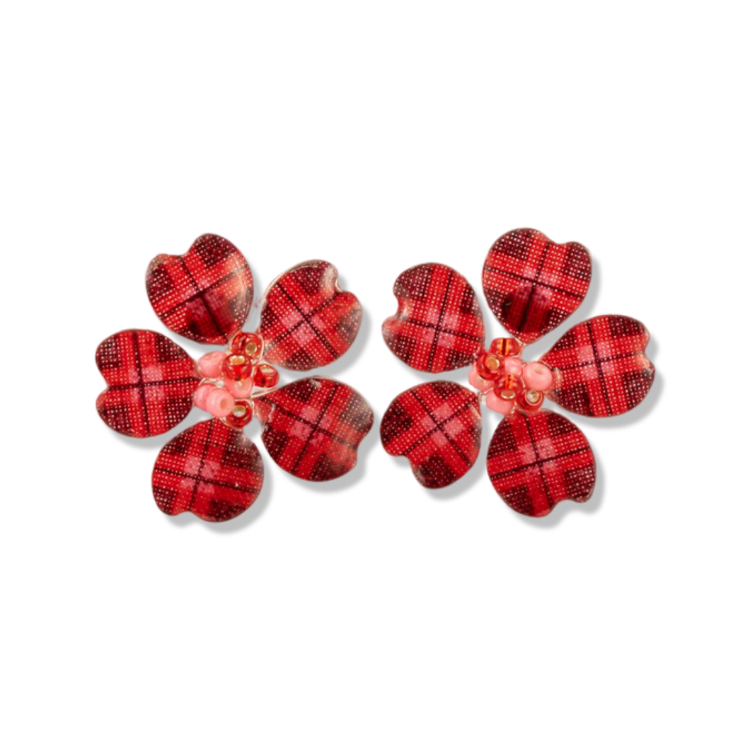 Red Plaid w/ Pink Textile Stud Earrings