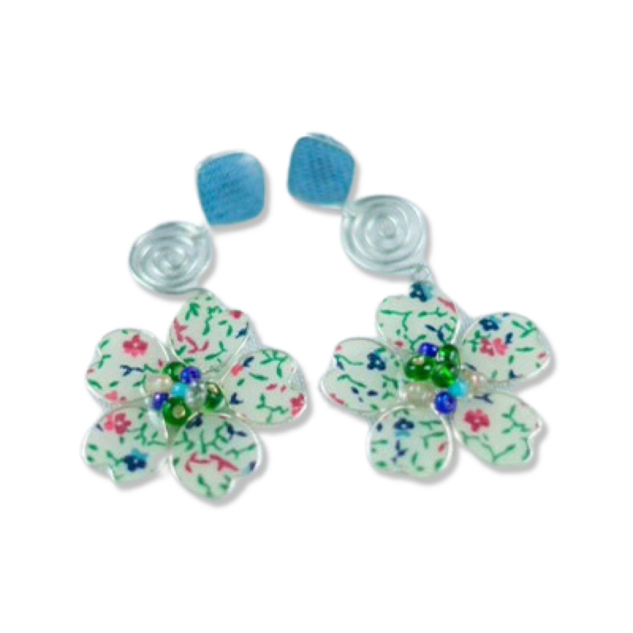 Denim/Floral Stud Spiral Dangles
