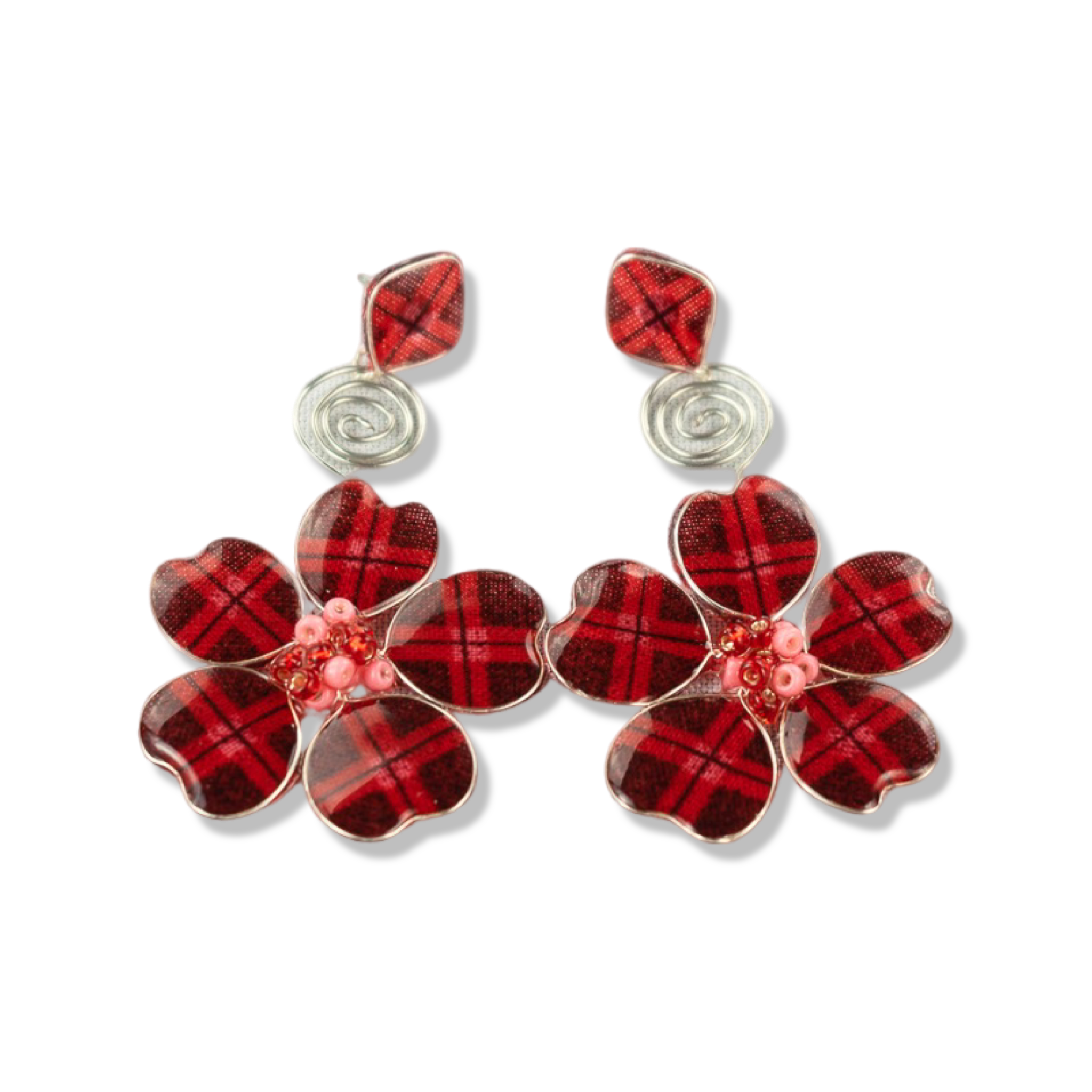 Red Plaid w/ Pink Stud Spiral Dangles