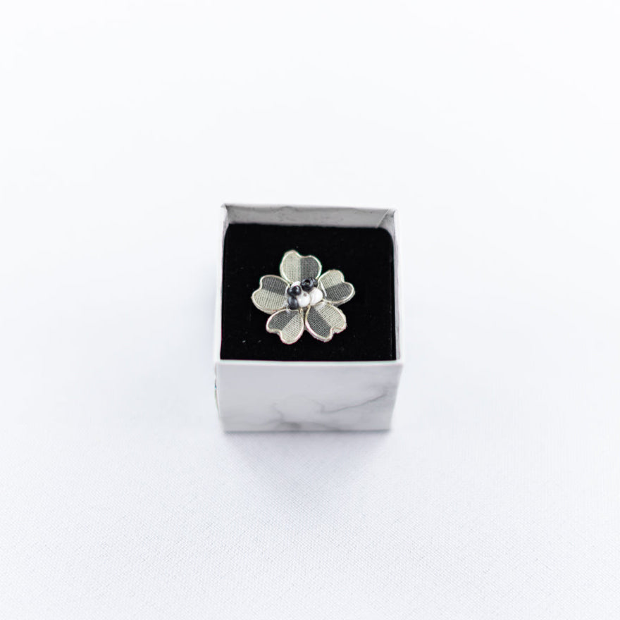 Grey/White Stripe Textile Adjustable Ring