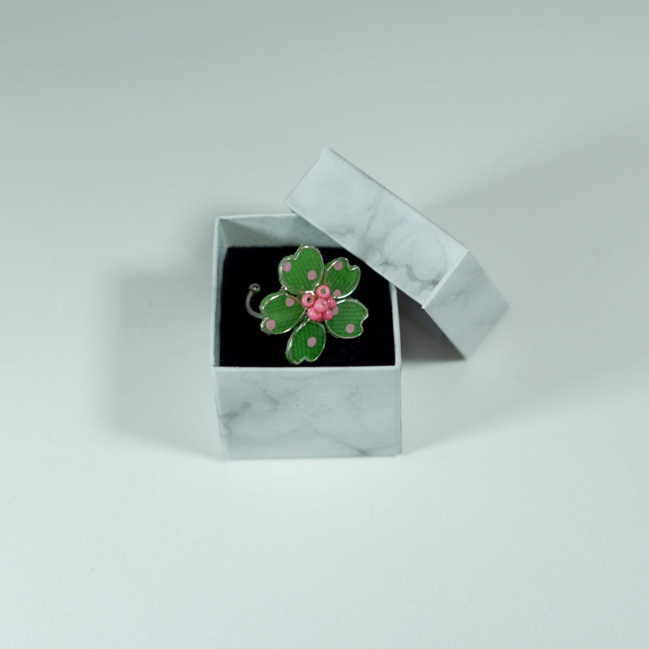 Green/Pink Polka Dot Textile Adjustable Ring