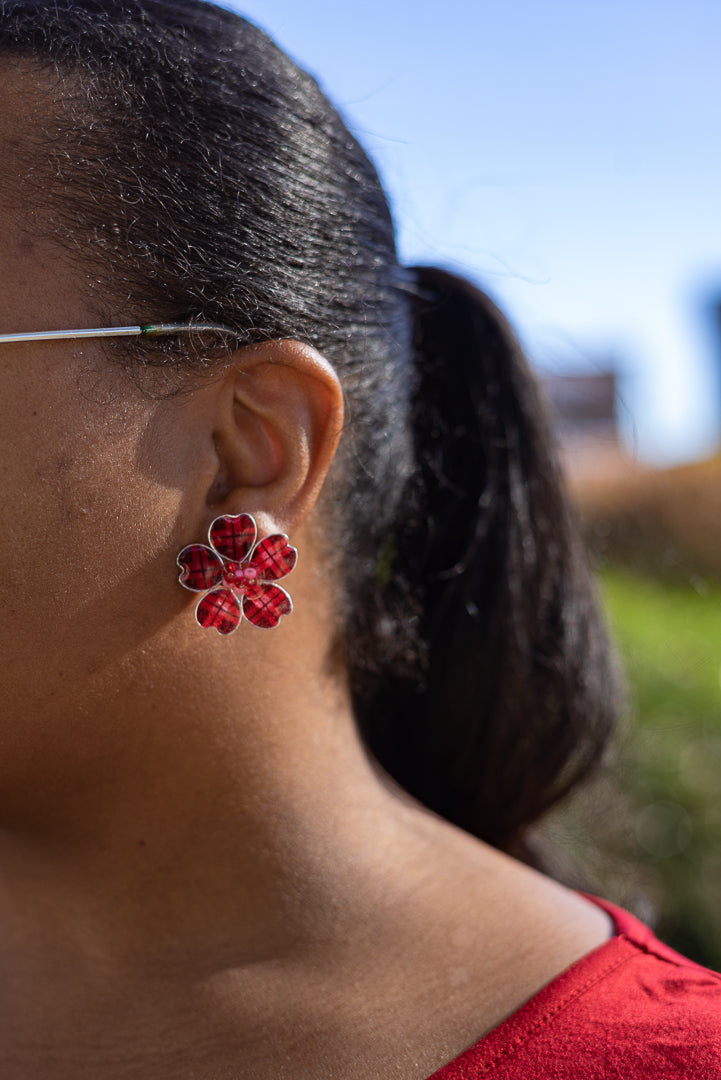 Red Plaid w/ Pink Textile Stud Earrings