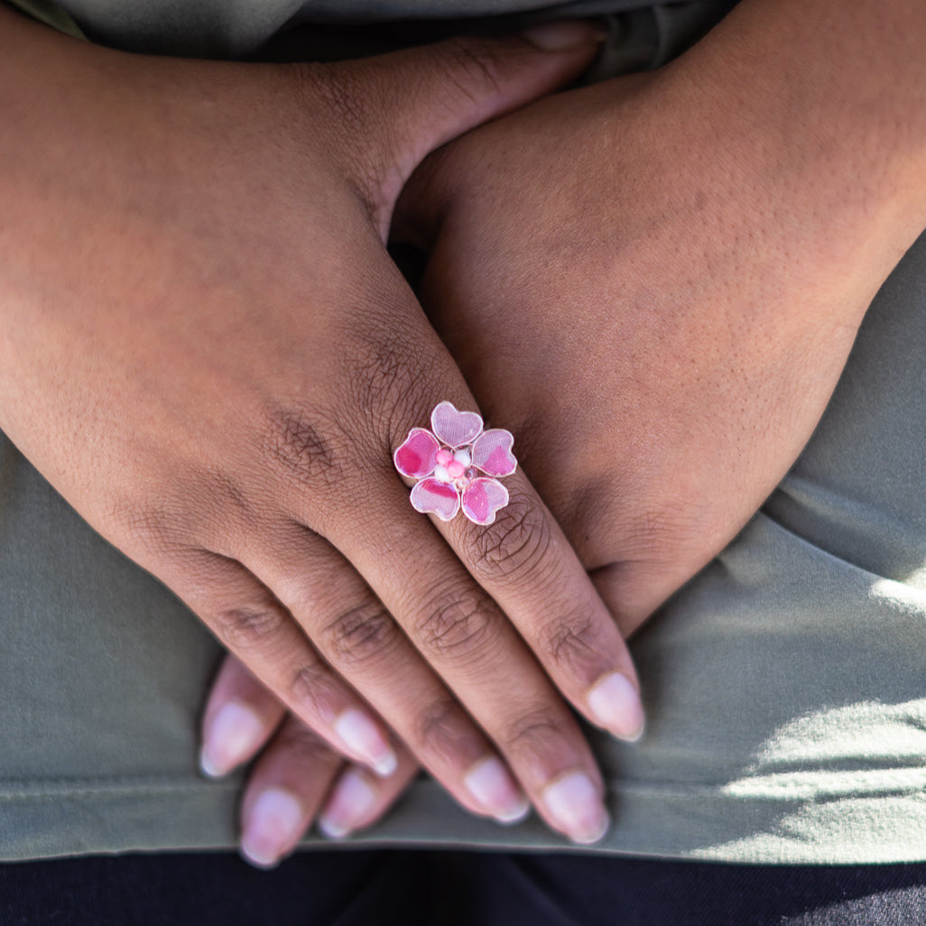 Pink Watercolor Textile Adjustable Ring