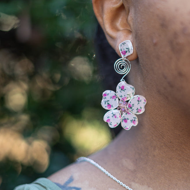 Pink Flower Power Stud Spiral Dangles