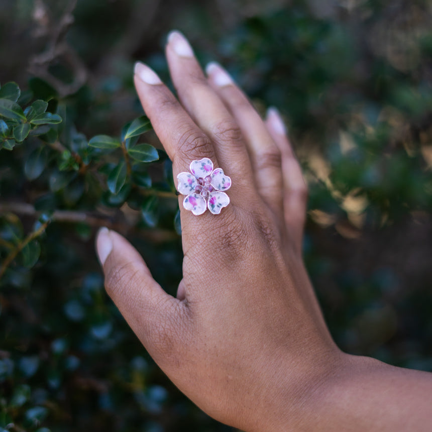 Pink Flower Power Textile Adjustable Ring