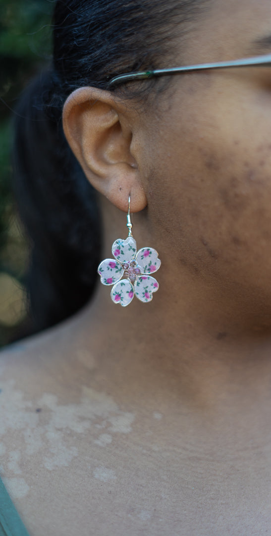 Pink Flower Power Textile Fish Hook Earrings