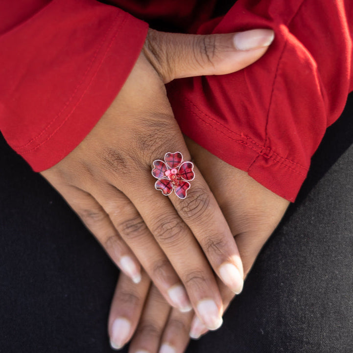 Red Plaid & Pink Textile Adjustable Ring