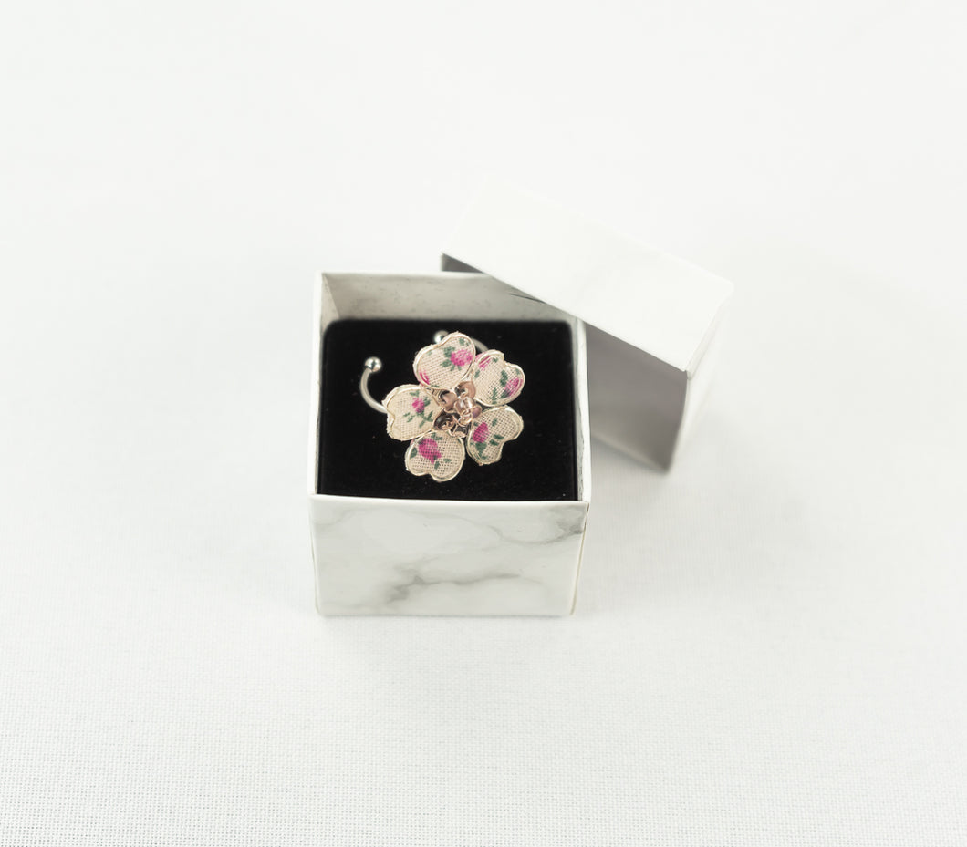 Pink Flower Power Textile Adjustable Ring