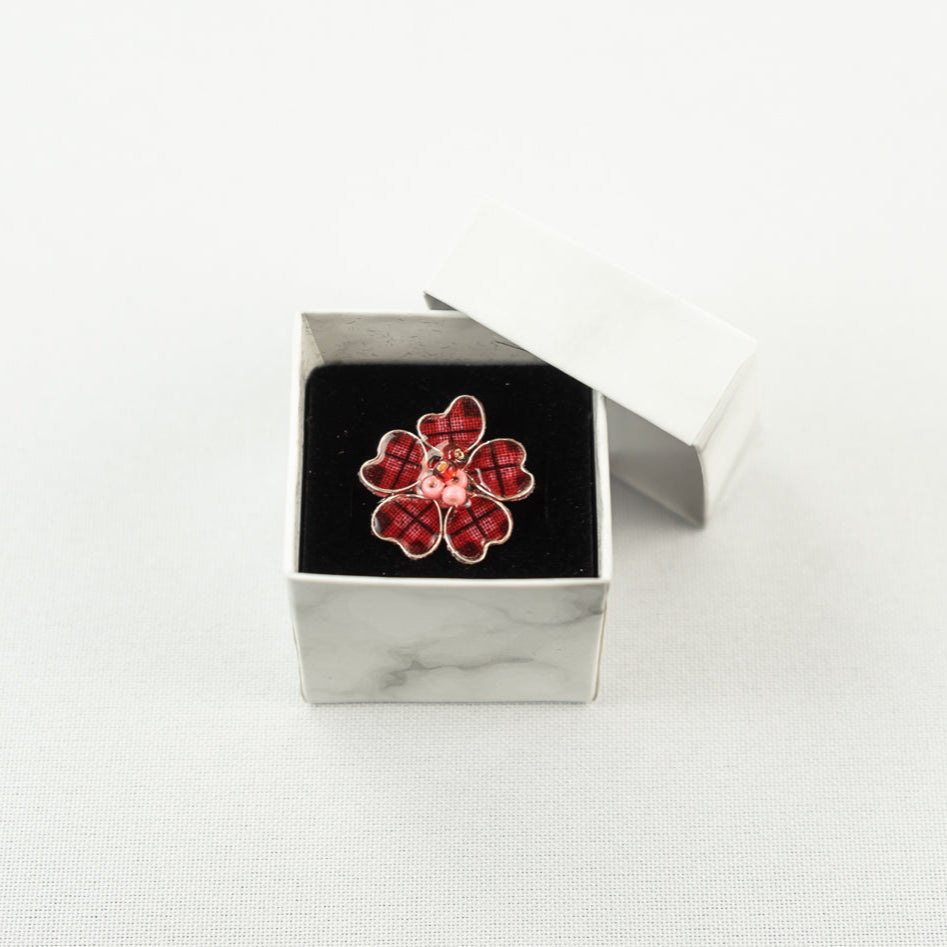 Red Plaid & Pink Textile Adjustable Ring