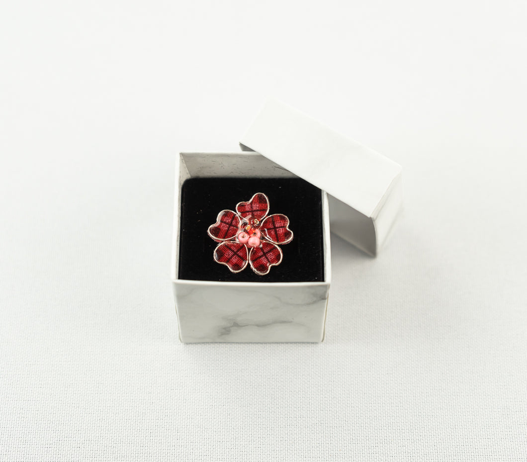 Red Plaid w/ Pink Textile Adjustable Ring