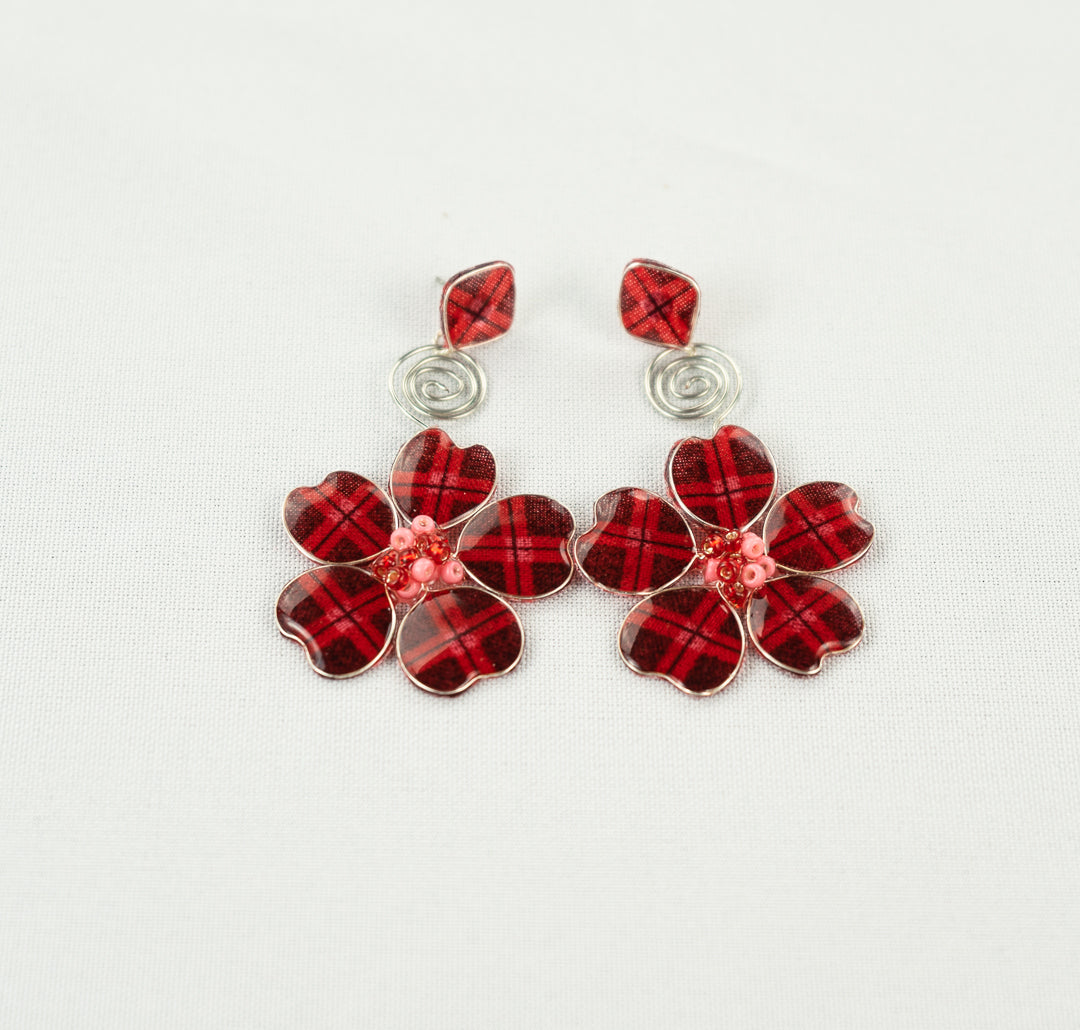 Red Plaid w/ Pink Stud Spiral Dangles