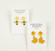 Load image into Gallery viewer, Bee &amp; Honeycomb Charm Textile Earrings
