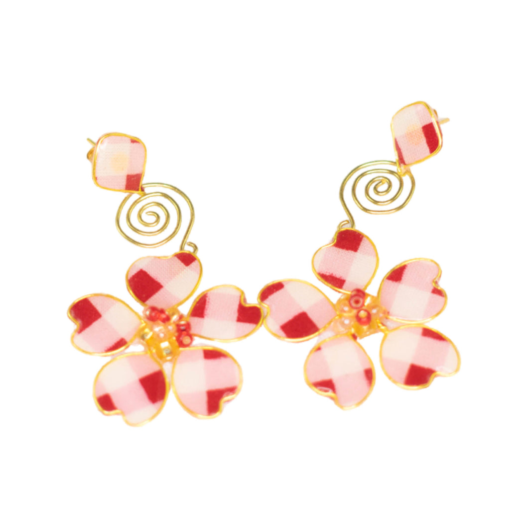 Gingham Pink/Red/White Stud Spiral Dangles