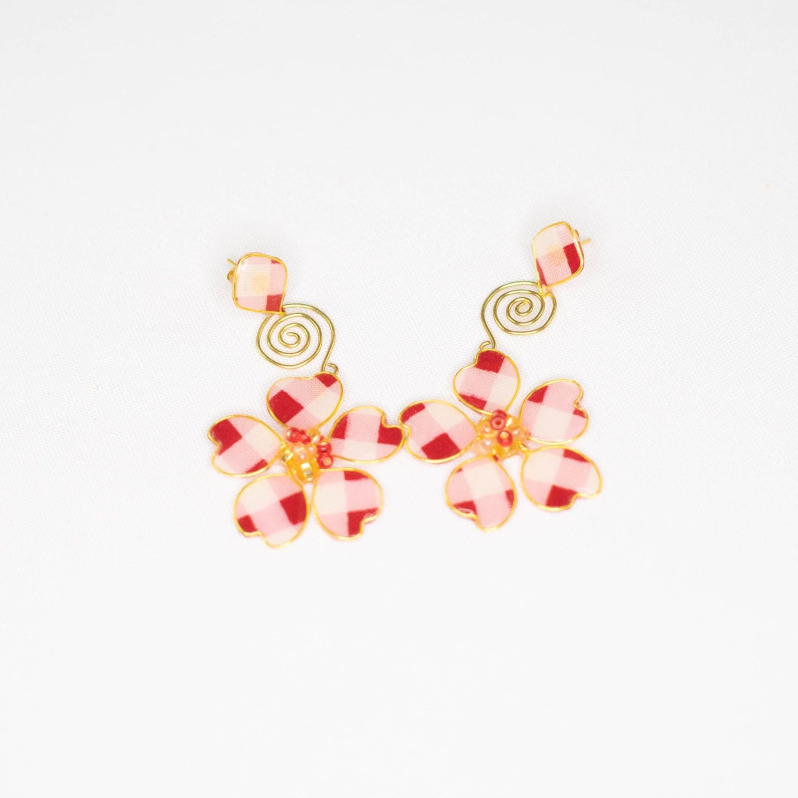 Gingham Pink/Red/White Stud Spiral Dangles